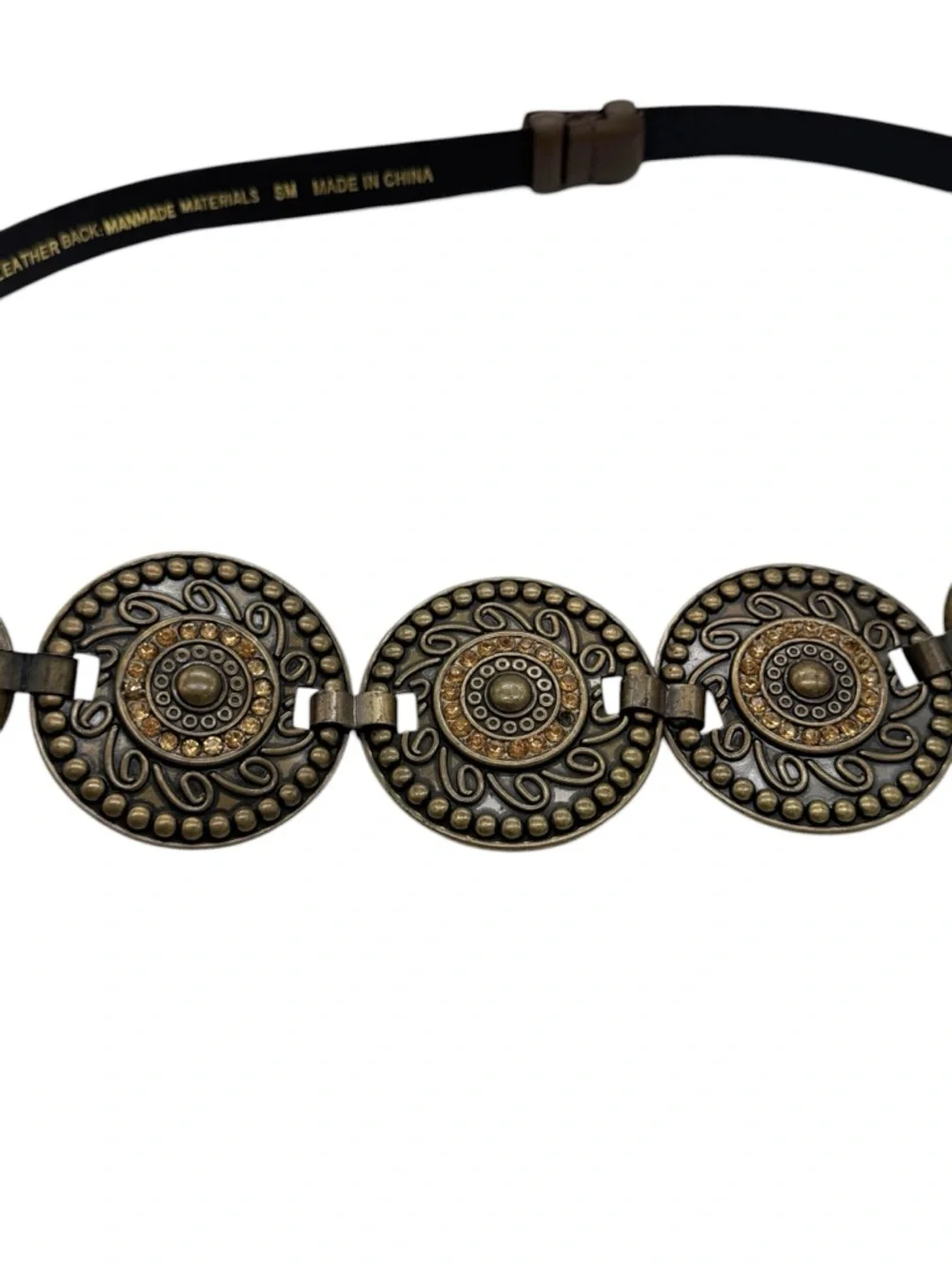 Chico’s Western Leather Belt Brown Bronze Concho Medallion Statement Sz SM